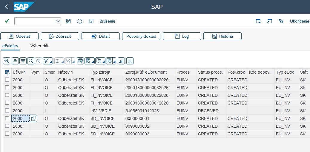 SAP seznam eFaktur — přehled všech e-dokladů se stavem zpracování