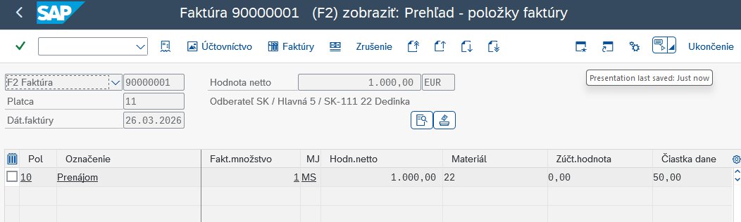 SAP detail faktury s položkami, čistou hodnotou a daní